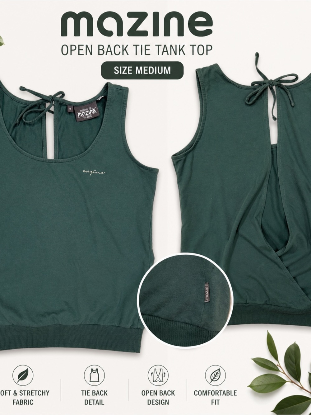 Mazine Forest Green Open Back Tie Tank Top | Size Medium